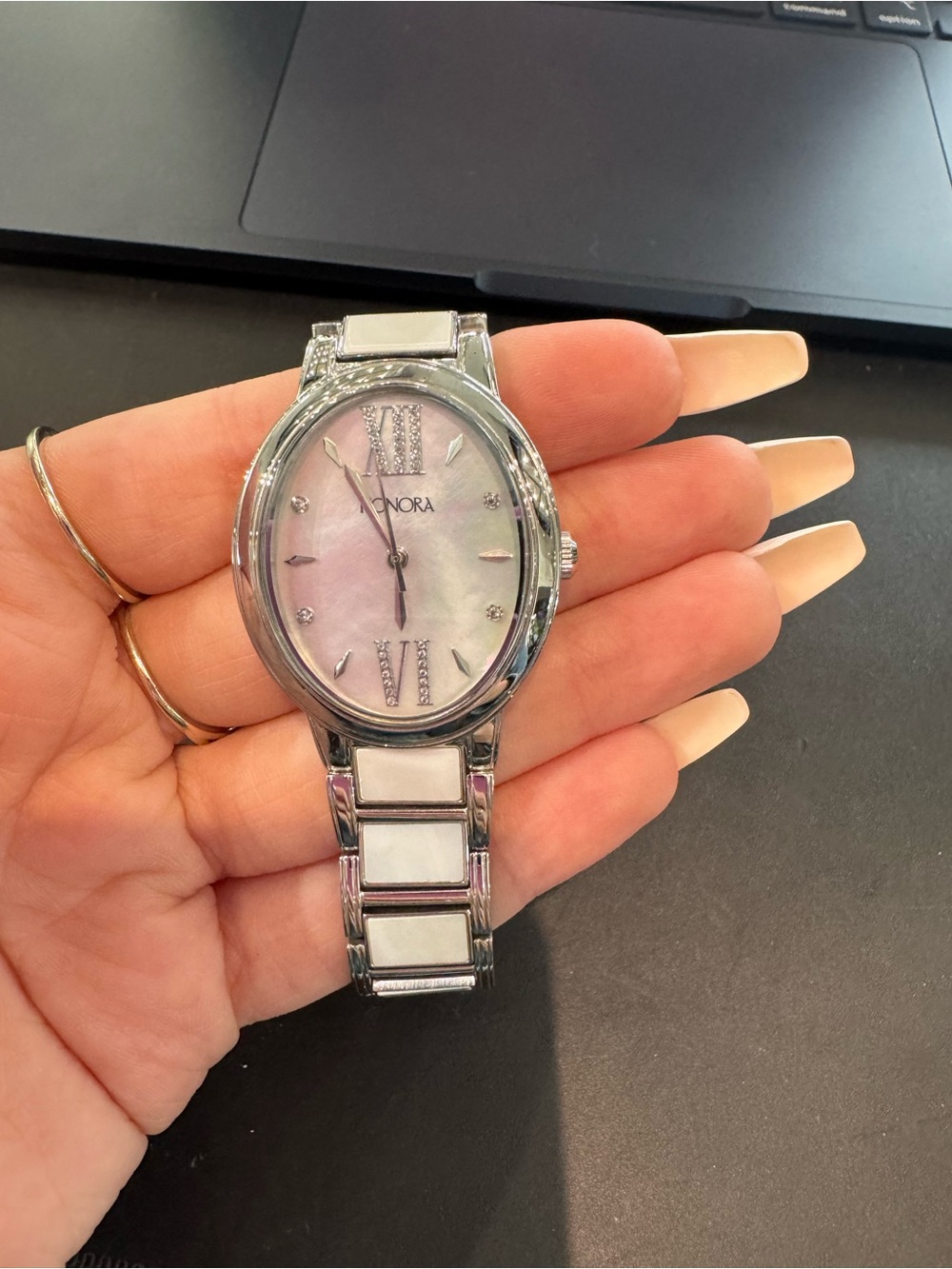 Honora White Topaz & Mother of Pearl Ladies Bracelet Watch Silver Tone